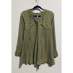 Free People Top Womens XS Green Waffle Knit Hoodie Drawstring Pockets Loungewear